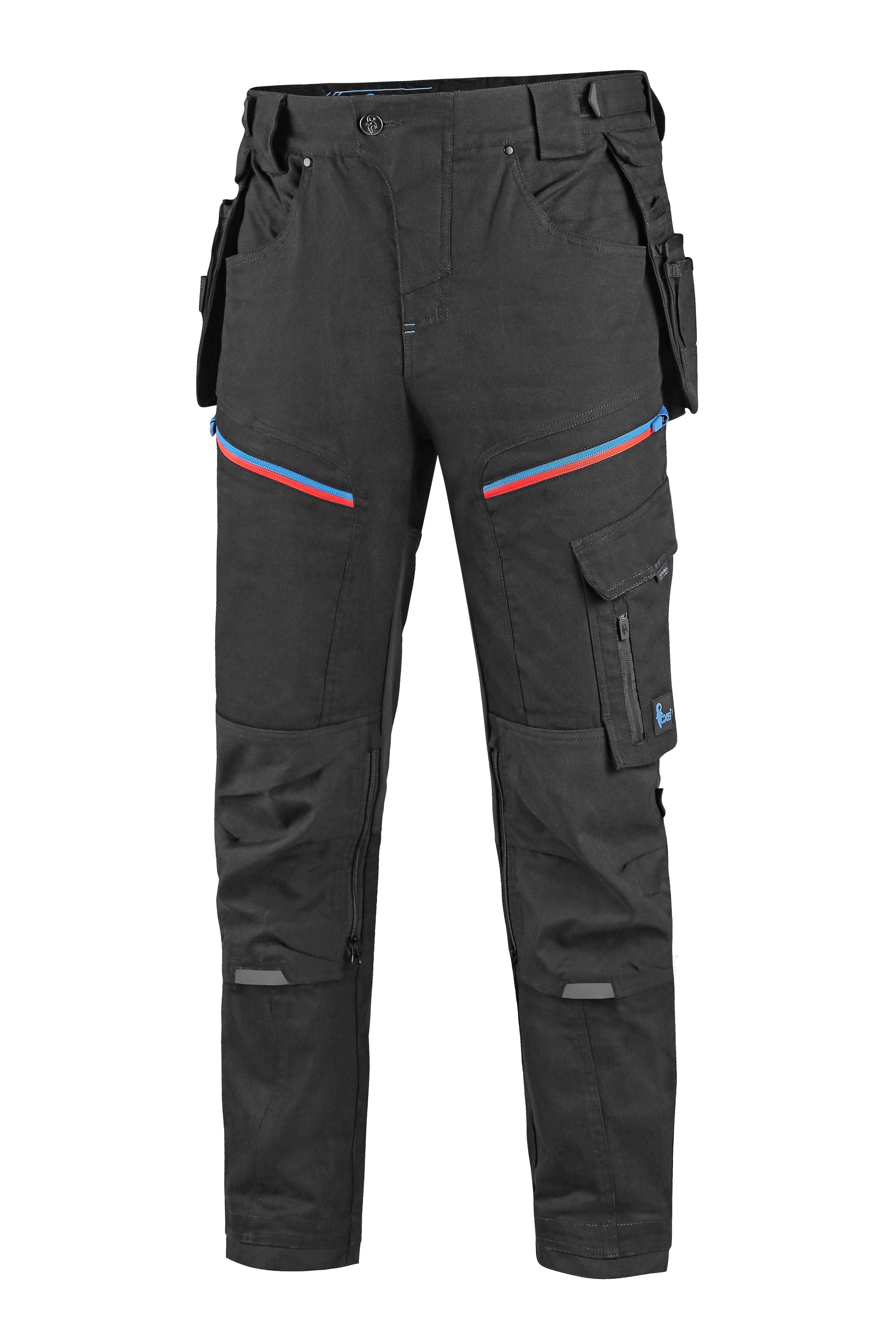 CXS LEONIS, MEN'S, WORK PANTS, BLACK WITH BLUE/RED ACCESSORIES